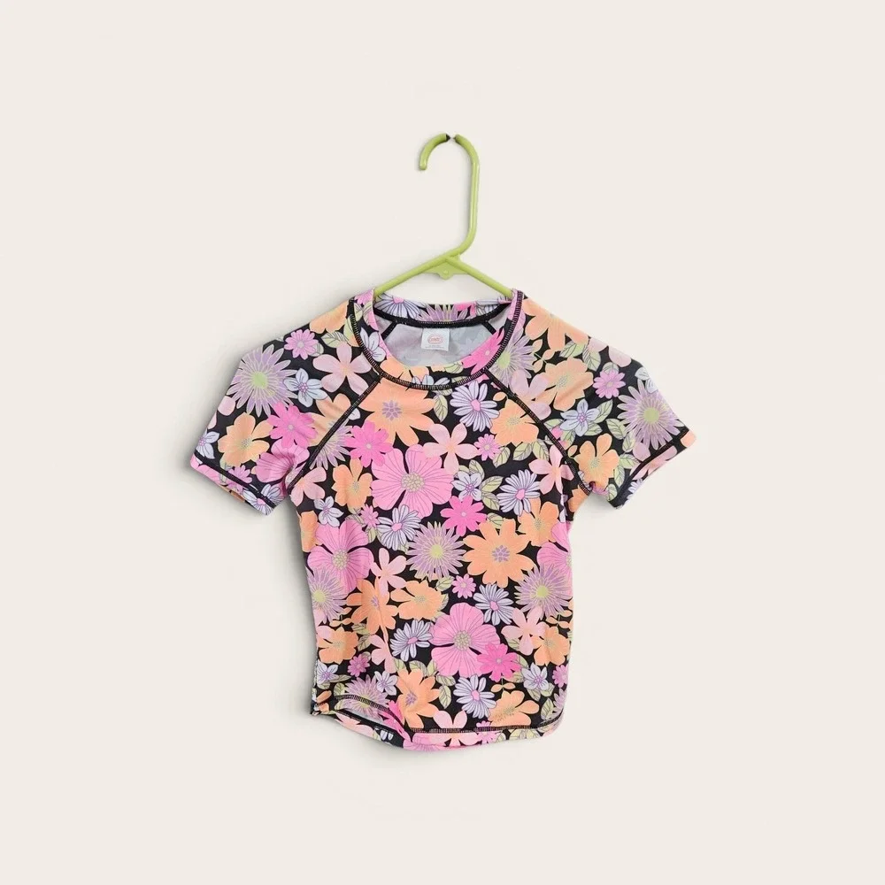 Wonder Nation Girls Floral Rash Guard Swim Top Pink Orange Purple Size L 10-12
